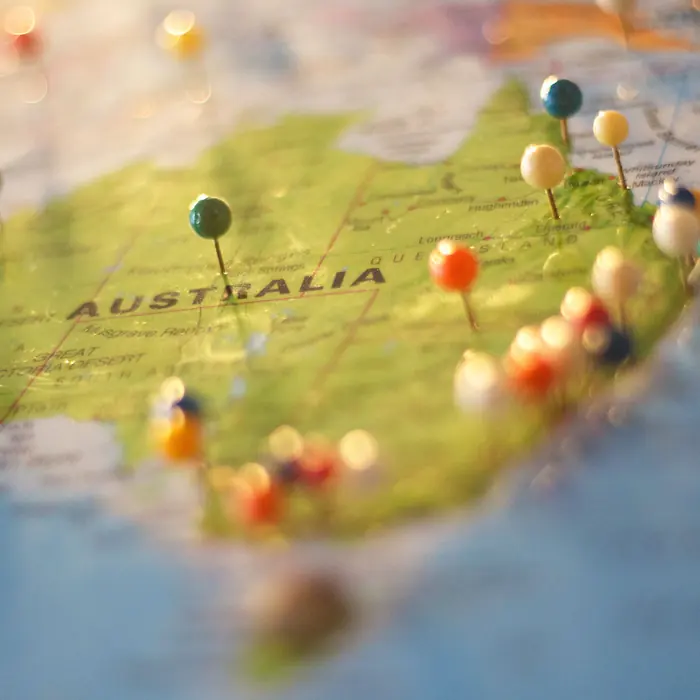 A map of Australia marked with destination pins