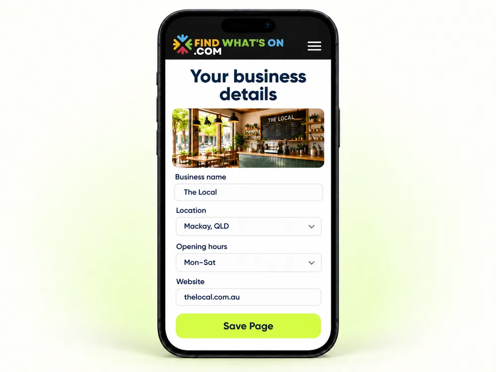 FWO phone illustration showing business location, opening hours and website details
