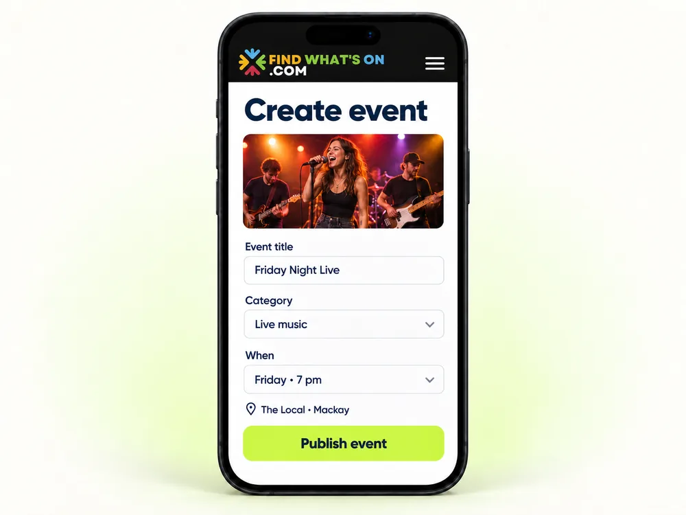 FWO phone illustration showing a live music event ready to publish