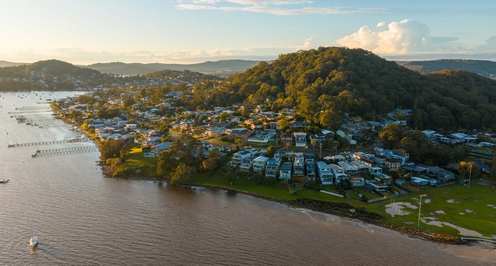 Aerial view over Gosford and its waterfront on the Central Coast