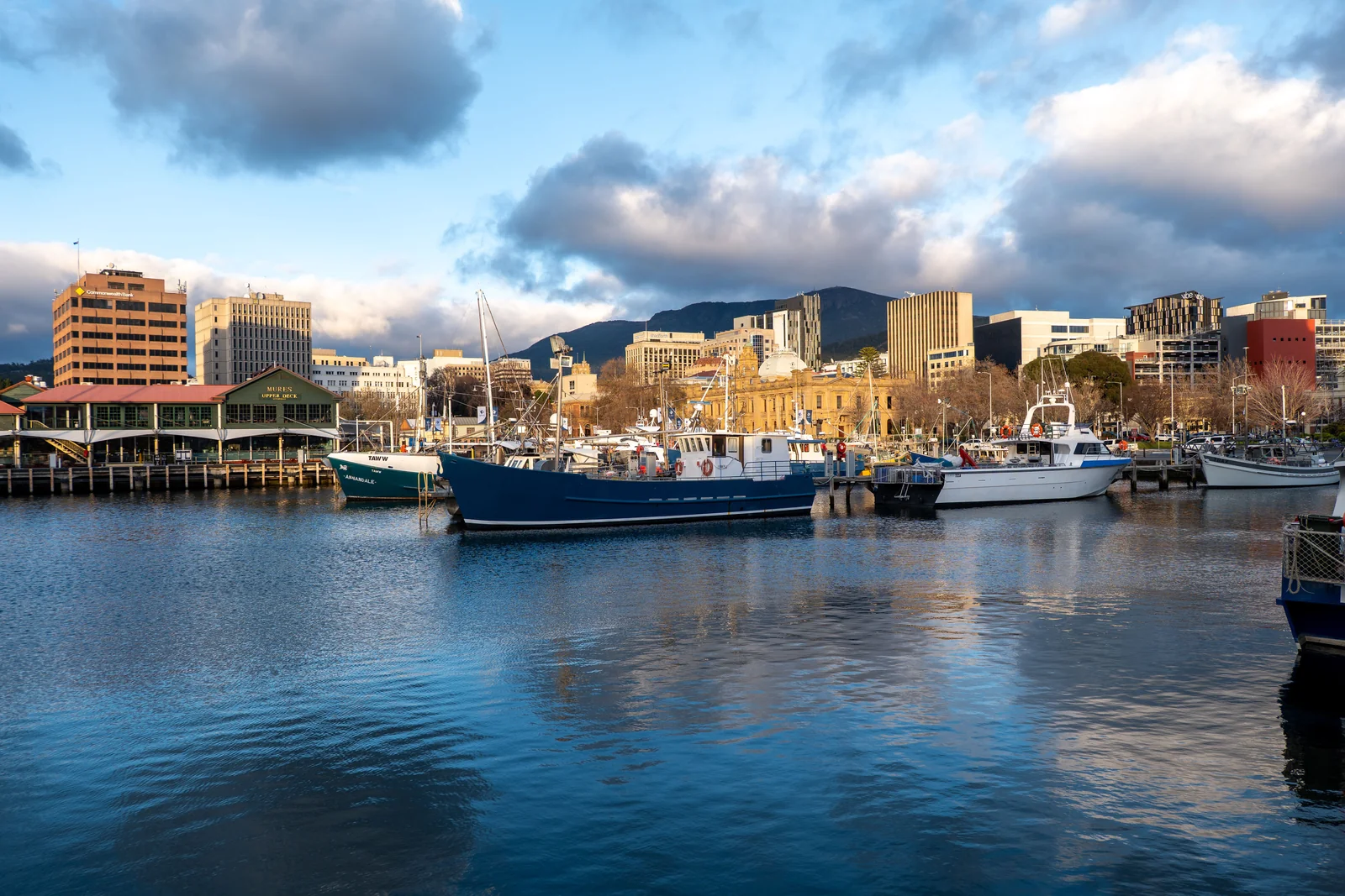 Hobart waterfront with boats and city buildings