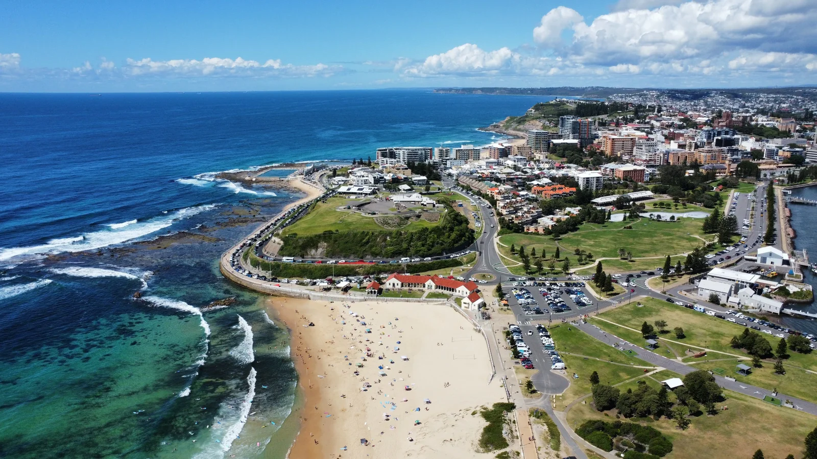 Newcastle coastline and Nobbys Beach from above