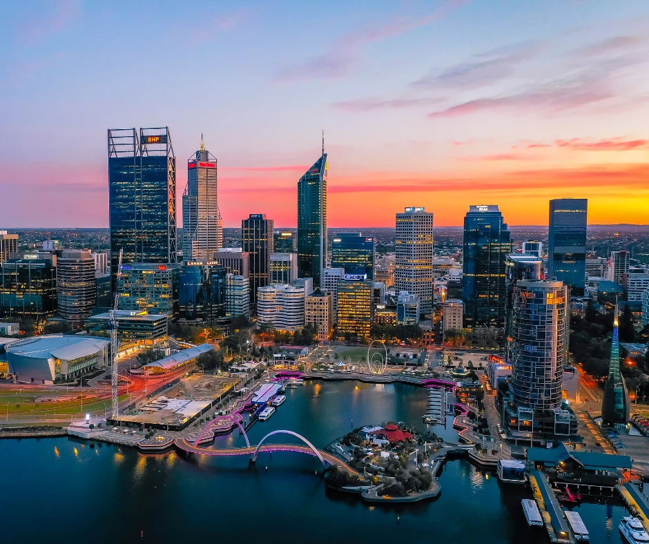 Perth skyline and Elizabeth Quay on the Swan River at sunset