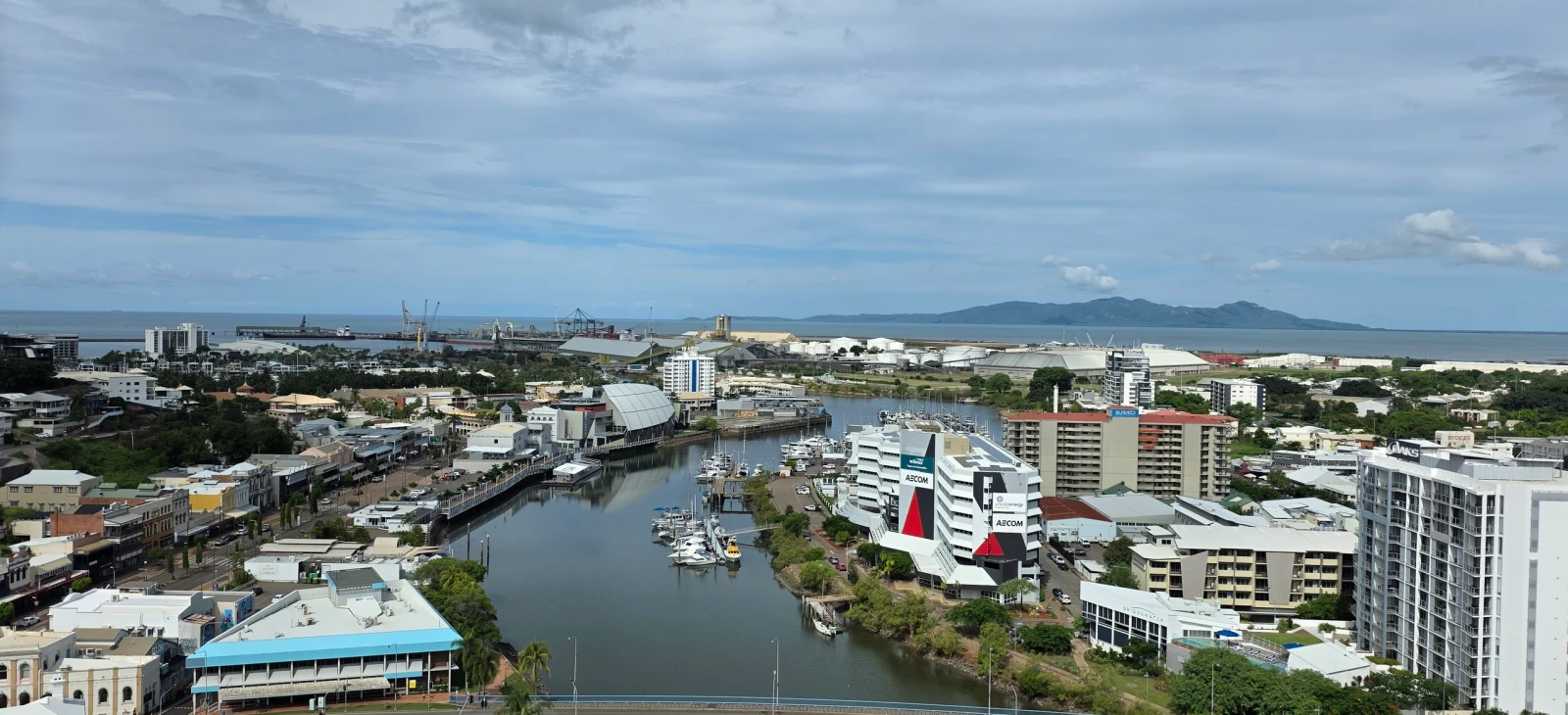 Townsville city and Ross Creek with Magnetic Island across the water