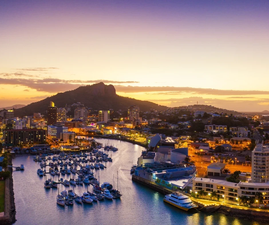 Castle Hill above Townsville and the Ross Creek marina at sunset
